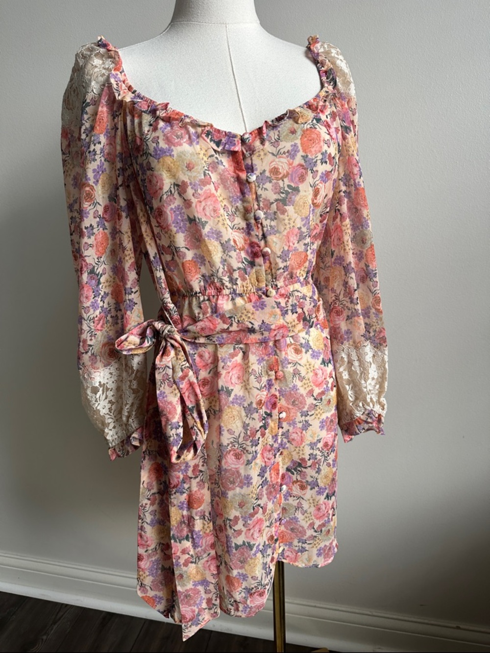 Nwt For Love & Lemons Lace Ruffle Semi Sheer Floral Robe Cottagecore Coquette Lg